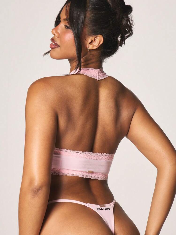 Missguided x Playboy Bunny Logo Lace Trim Halter Bralette For Casual Everyday Comfort