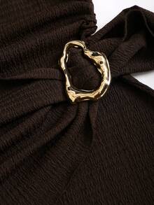 Sweetra Sexy Draped Neck Ruched Waist Asymmetrical Hem Dress With Metal Buckle Decor, Elegant Party Design, Early Spring Fashion - Coffee Brown - View 6