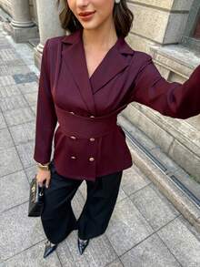 Áo blazer nữ thanh lịch màu đỏ tía thắt chéo, thích hợp cho mùa Thu/Đông. - Màu đỏ tím - Xem 4