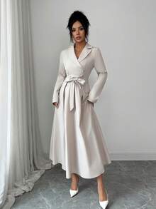 Rafferiza 女士修身长款系带通勤连衣裙 - 杏色 - 查看 7