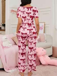 SHEIN Cute Bow Print Women Pajama Set - Multicolor - View 2