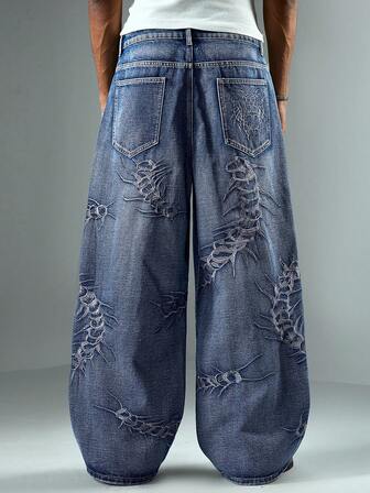 Street Life Men's Pocket Scorpion Embroidered Wide Leg Loose Casual Versatile Jeans
