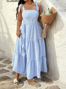 Sunnyshic Vestido de tirantes elegante y holgado con estampado de rayas, estilo de vacaciones en la playa - Azul - Ver 6