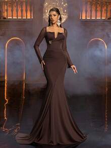 Glamrae Elegant Formal Black Stretch Knit Mermaid Evening Gown,Handcrafted Metallic Flower,Mesh Accents,Asymmetrical Neckline,Flared Sleeves,Sequins Wedding - Coffee Brown - View 6