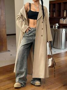 SHEIN EZwear 女式秋季休闲街头装黑色长款宽松外套