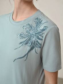 MOTF PREMIUM WOMEN'S BEADED FLORAL EMBROIDERED T-SHIRT - Dusty Blue - View 2