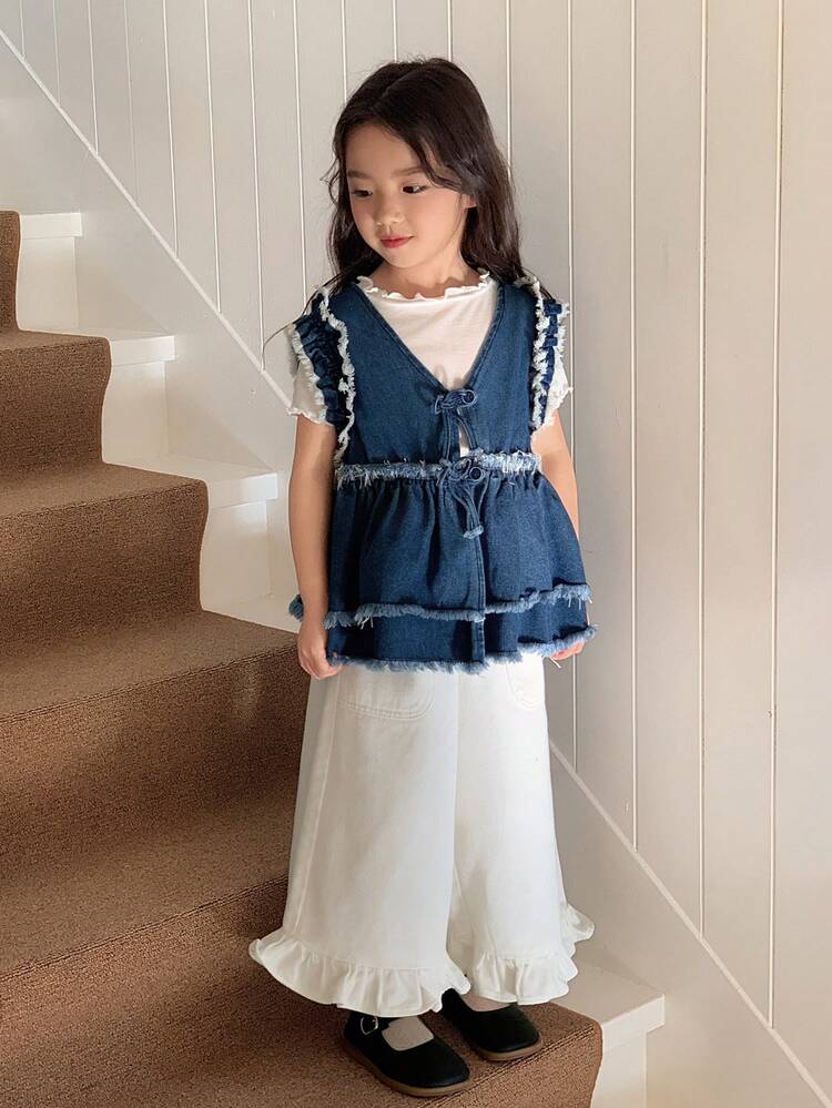 Young Girl Casual Washed Denim Sleeveless Top, Summer