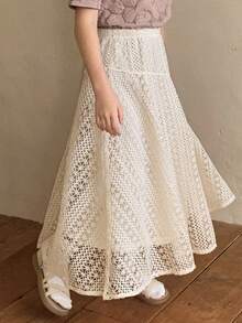 DAZY 少女纯色弹力腰镂空极简蕾丝半身裙 - 杏色 - 查看 6