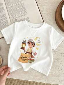SHEIN Baby Boy/Girl  Casual Cartoon Print Short Sleeve Crew Neck Top, Suitable For Summer, Classic Cute Little Boy Pattern Print, Stars, Moon, Lantern - White - View 7