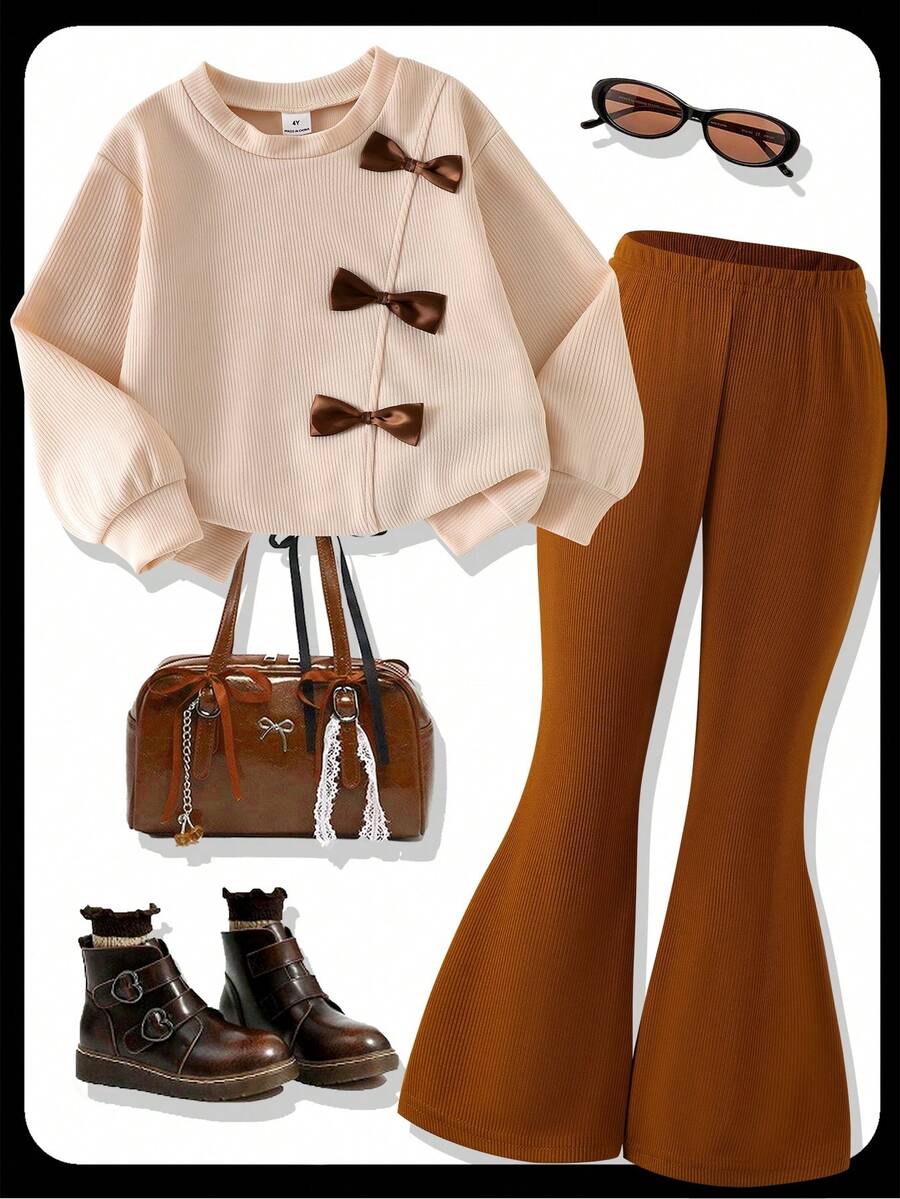 SHEIN Genkimix Kids Girls Apricot & Brown Knit Patchwork Long Sleeve Sweatshirt With Bow, Fashion Design Top, Solid Color Flared Pants, Vintage & Comfortable Outfit, Autumn