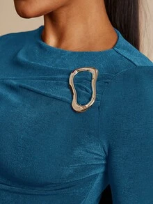 Silquee Áo nữ tay dài màu nâu cà phê trơn, phối kim loại, eo nhún bèo, vạt bất đối xứng, chất liệu co giãn, ôm sát, phù hợp cho mặc thường ngày, công sở, hẹn hò, dự tiệc. - Màu xanh ngọc - Xem 7