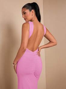 SHEIN BAE Váy thanh lịch hở lưng màu mơ dành cho nữ, thích hợp cho tiệc cocktail, hẹn hò lãng mạn, mặc nhiều lớp mùa thu/đông, tiệc tùng, tụ họp trang trọng, đi chơi đêm, khách dự tiệc cưới, Halloween, Giáng sinh - Màu Hồng  Dưa hấu - Xem 8