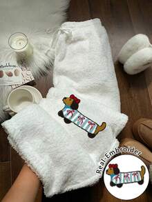 Comfortcana 加厚腊肠犬图案羊羔绒裤，男女通用加厚抓绒裤，高端防风冬季裤 - 白色 - 查看 3