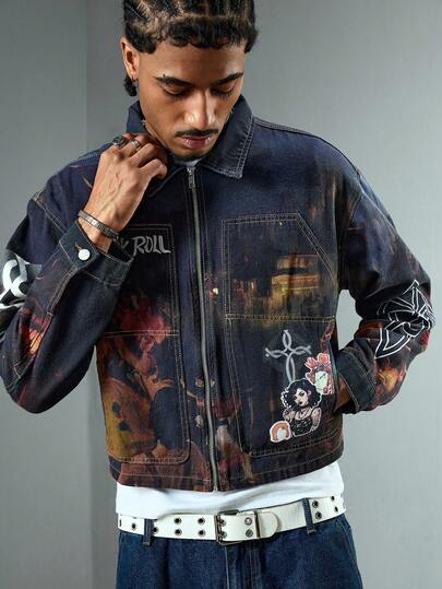 Chaqueta vaquera con cremallera y estampado de letras de manga larga para hombre