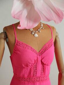 Travachic 女士荷叶边蕾丝吊带连衣裙，多层长款连衣裙，粉色蕾丝，夏季连衣裙，夏季穿搭，女士夏季连衣裙，女士优雅连衣裙，女士度假穿搭，节日连衣裙，女士复活节连衣裙 - 玫紅色 - 查看 3