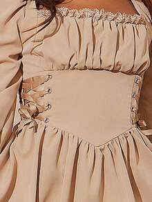 SHEIN 青少年女孩度假休闲卡其色长袖荷叶边下摆连衣裙 - 卡其色 - 查看 3