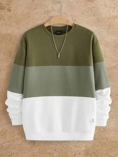 EASEVO Plus Size Men's Casual Crew Neck Long Sleeve Patchwork Pullover Sweatshirt