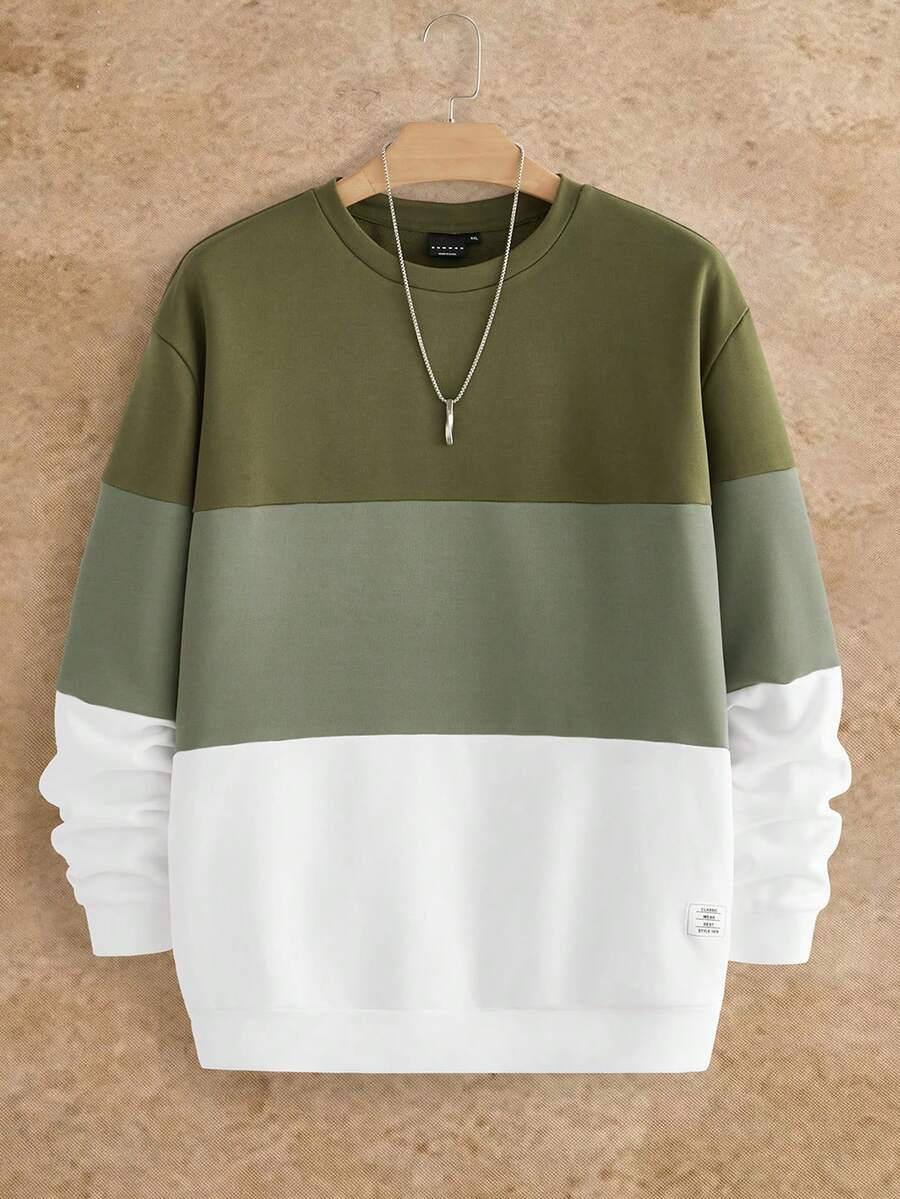 EASEVO Plus Size Men's Casual Crew Neck Long Sleeve Patchwork Pullover Sweatshirt - Multicolor - View 1