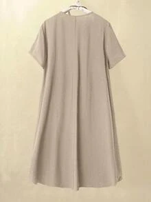 Linhara Plus Size Embroidered Button Front Casual Dress - Khaki - View 2