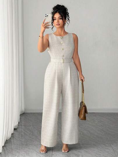 Elenzga Mono elegante sin mangas para mujer con decoración de botones y cinturón, traje de tweed de alta calidad estilo mono de una pieza, casual para la oficina, citas, salidas