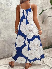 EMERY ROSE Women's Plus Size Floral Leaf Print Loose Camisole Dress,Blue And White Summer Boho Beach Holiday Casual Maxi Dress,Long Vacation Dress - Multicolor - View 2