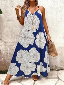EMERY ROSE Women's Plus Size Floral Leaf Print Loose Camisole Dress,Blue And White Summer Boho Beach Holiday Casual Maxi Dress,Long Vacation Dress - Multicolor - View 7