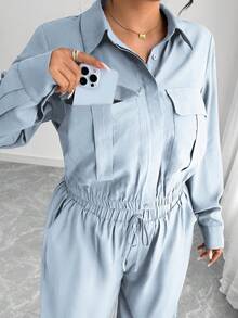 Elenzga Bộ đồ nữ cỡ lớn kiểu Pháp lãng mạn, thanh lịch, thường ngày, màu nâu trơn, áo sơ mi dài tay cổ bẻ cài khuy ẩn, gấu áo chun co giãn + quần cargo cạp chun, thích hợp cho mùa Xuân/Thu/Đông. - Màu xanh nhạt - Xem 6