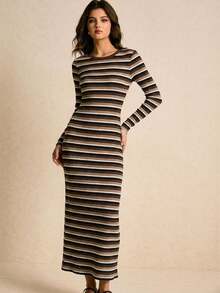 Poéselle Vestido casual de mujer de manga larga con cuello redondo y rayas, estilo vintage, para otoño - Marrón - Ver 3