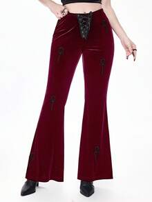 ROMWE Gothic Style Velvet Ankh Embroidered Flare Pants For Women - Burgundy - View 1