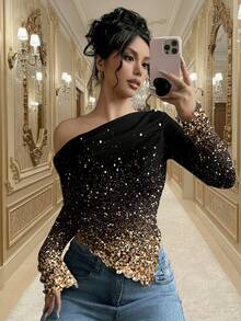 Firerie 优雅浪漫露肩长袖女式上衣，饰有仿亮片图案 - 复古富贵风格秋冬派对装，适合情人节、约会、婚礼、鸡尾酒会和夜店等场合 - 彩色 - 查看 7