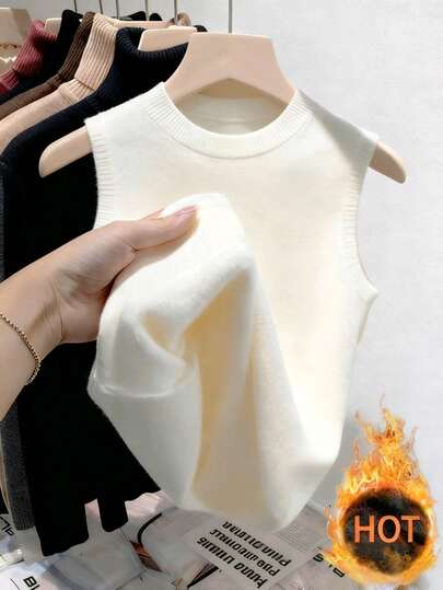 Franclia Nuevo top sin mangas de punto con cuello redondo de moda para mujer, ideal para otoño e invierno. Elegante, estilizador, favorecedor. Perfecto como capa base interior. Suave y flexible. Acolchado y con forro térmico.