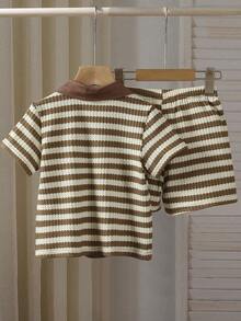 夏季新款条纹休闲短袖套装，Polo领短袖上衣+短裤，两件套男童服装