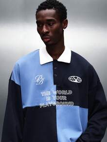 PLAYBOY X SUMWON Herren Regular Fit Farbblock Langarm Poloshirt mit weißem Kragen und Knopfleiste, lässiger Lifestyle-Statement-Muster - Blau - Übersicht 3