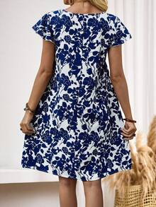 Miaspire Women's White Base With Blue Floral Print Dress With Ruffled Hemline For Spring - Blue and White - View 2