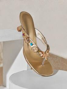 SHUZIA Women's Minimalist Comfortable Thong Strap Heeled Sandals With Seastar Ornaments - Gold - View 6