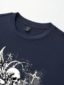 ROMWE MEN Goth 男士休闲骷髅十字印花圆领短袖T恤，夏季 - 藏蓝色 - 查看 3