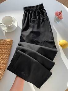 SHEIN EZwear Solid Color Elastic Waist Pockets Casual Loose Long Pants, Suitable For Spring And Summer - Black - View 1