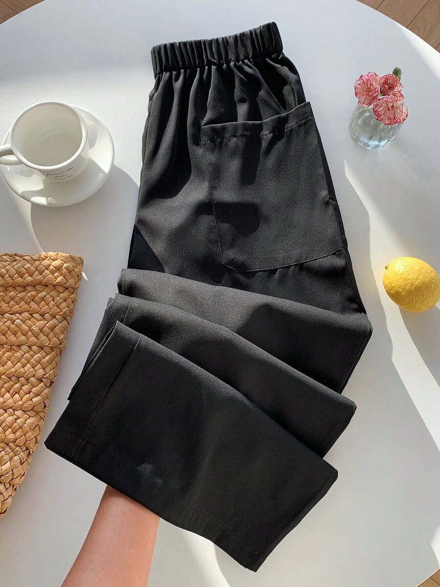 SHEIN EZwear Solid Color Elastic Waist Pockets Casual Loose Long Pants, Suitable For Spring And Summer - Black - View 1