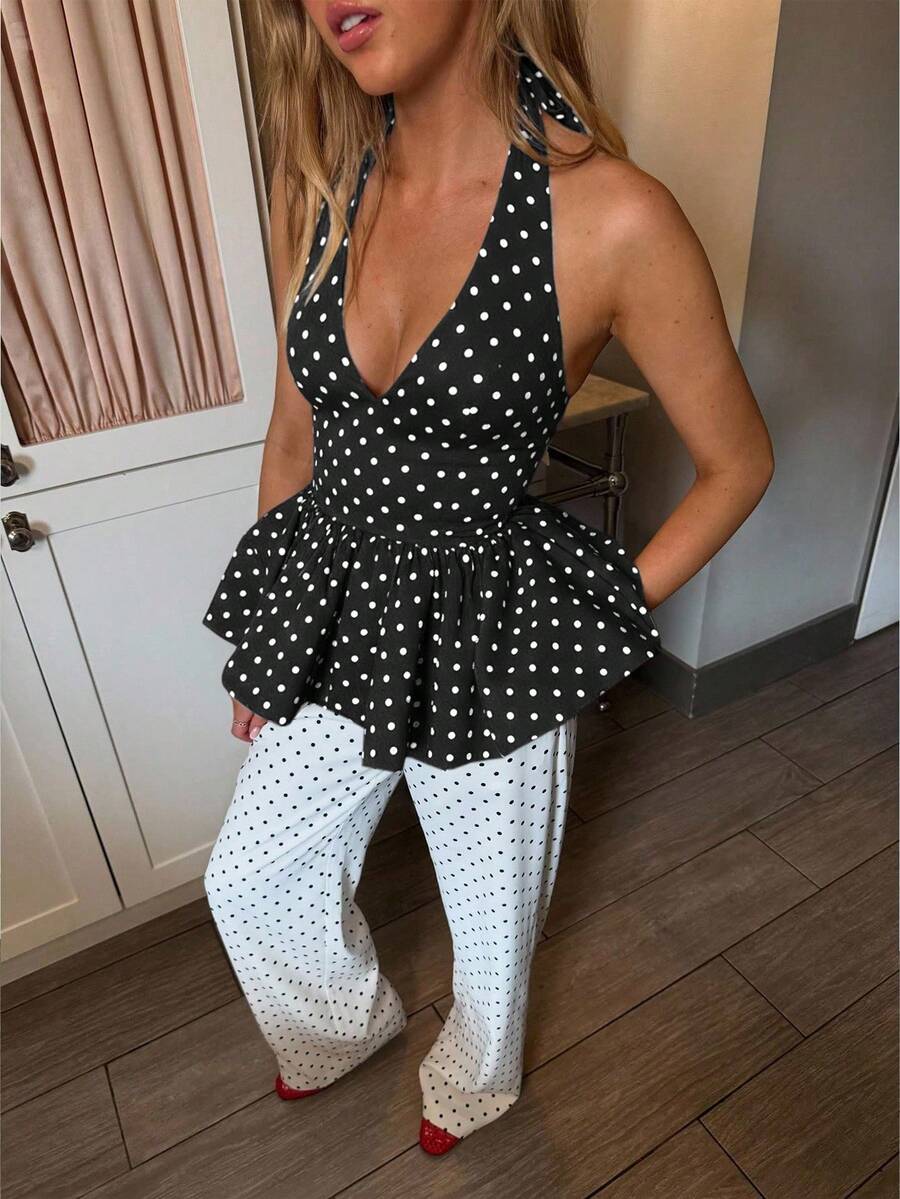 Siren Gaze 女士波点深V领露背吊带荷叶边下摆时尚百搭度假派对上衣，荷叶边上衣，女士波点上衣，夏季上衣 - 黑色 - 查看 1