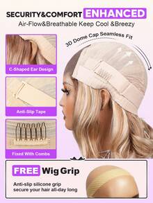 #613 金色渐变挑染 6x5 波波头假发，自然波浪卷 - 100% 真人发丝，隐形打结，无胶假发，预剪蕾丝，预拔毛，逼真发际线，新手友好，透明蕾丝闭合假发 - 透气帽，柔软弹力，全天舒适，日常佩戴