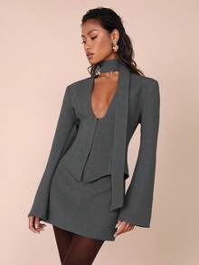 COSMINA 女士时尚性感上衣和裙子两件套 - 深灰色 - 查看 3