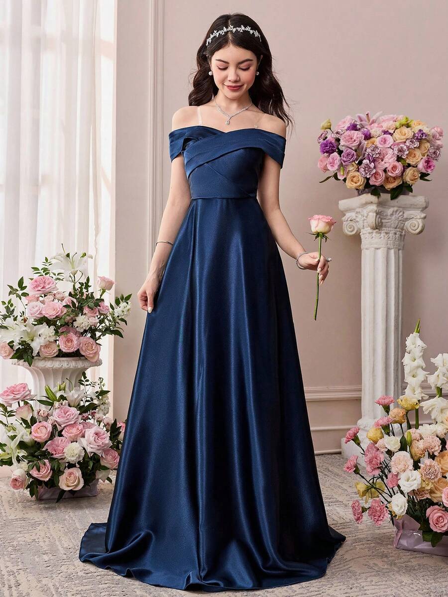 Pitira Marineblau Satin elegantes langes Kleid mit Off-Shoulder, rückenfreiem Bindebanddetail, geeignet für Hochzeiten, Geburtstagsfeiern, Abschlussbälle, Brautjungfernkleider, formelle Abendkleider, Abschlussfeiern, Frühlingsfest - Königsblau - Übersicht 1
