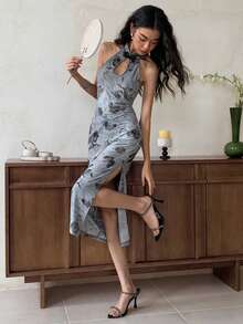 EastFlair Women's Elegant Floral Print Mid-Length Dress, Summer Chinese Style Dress Qipao Dress Dusty Blue Dress Women Cheongsam Dress