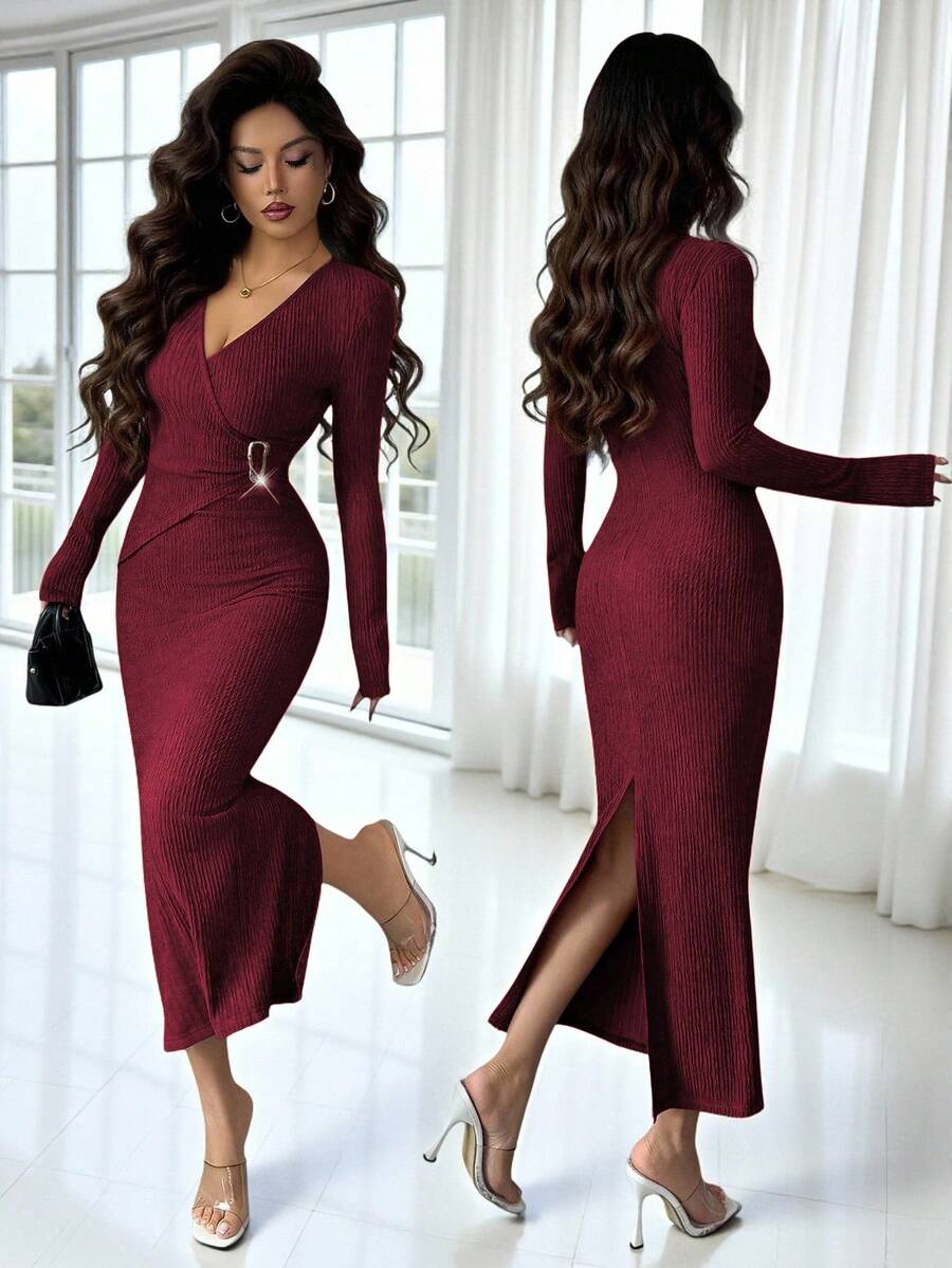 Elenzga 女士纯色时尚扭结长裙，V领金属扣设计针织纹理紧身连衣裙，扭结开衩设计，优雅女士服装，秋季女装，冬季女士端庄服装，派对礼服 - 酒紅色 - 查看 1