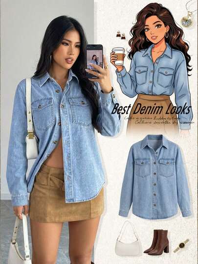 SHEIN PETITE Women's Long Sleeve Single-Breasted Casual Pocket Denim Shirt
