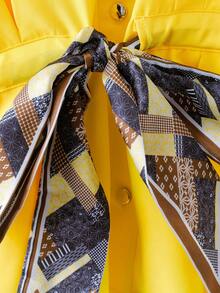 SHEIN Elenzya Chemise décontractée à patchwork avec nœud devant, jaune frais, grande taille, début du printemps - Jaune citron - Voir 4