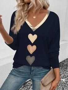 EMERY ROSE Women's V-Neck Long Sleeve Casual Fashion Heart Print Gold Coated Collar T-Shirt, Suitable For Spring And Autumn