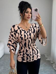 Selianne Summer New Comfortable Casual V-Neck Ruffle Batwing Sleeve Irregular Color Block Print Ruched Hem Women T-Shirt - Multicolor - View 6