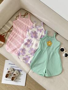 SHEIN Playful Pals 3件組女嬰夏季可愛扶桑花碎花肩帶連身褲，圓領休閒熱帶風百搭款 - 彩色 - 查看 9