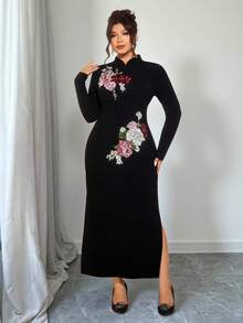 Elenzga Plus Size Women's Black Mandarin Collar Fitted Cheongsam Dress, Elegant Embroidered High-End Qipao For Autumn